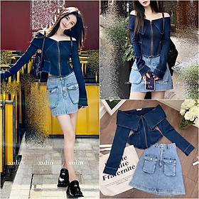 ĐẦM SET ÁO CROPTOP TRỄ VAI TAY DÀI + CHÂN VÁY NGẮN LƯNG CAO TÚI HỘP CHỮ A JEANS ĐI CHƠI NOEL ĐI TIỆC DẠO PHỐ GIÁNG SINH