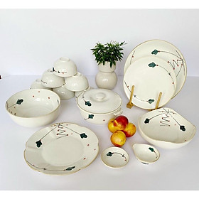 Mua Bộ bát đĩa men kem  gốm sứ Bát Tràng 14-15 món