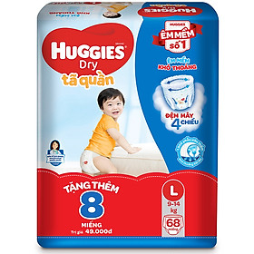 Tã Quần Huggies Dry Gói Cực Đại L68 (68 Miếng) - Tặng 8 Miếng