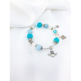 Vòng Tay Mệnh Thủy, Mộc Đá Thạch Anh Ưu Linh Trắng Mix Aquamarine+ Charm Sao, Tim