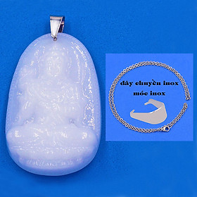 Mặt Phật Đại thế chí đá thạch anh trắng 3.6 cm kèm móc và dây chuyền inox, Mặt Phật bản mệnh