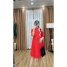 Váy bầu cách tân mẫu mới cho mẹ bầu diện tết cực xinh-Đầm bầu gấm họa tiết cho mẹ diện Tết và sự kiện