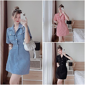 Váy suông sơ mi túi hộp dáng ngắn vải nhung tăm, đầm nhung cộc tay có bản eo nhiều màu