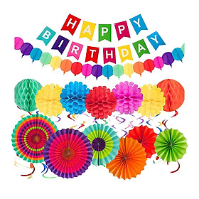 28PCS Happy Birthday Banner Set Colorful Party Decor Party Favors Banner Hanging Paper Fans Swirls Honeycomb Balls