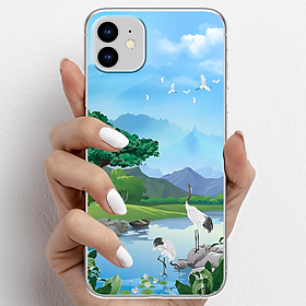 Ốp lưng cho iPhone 11 nhựa TPU mẫu Núi và chim hạc