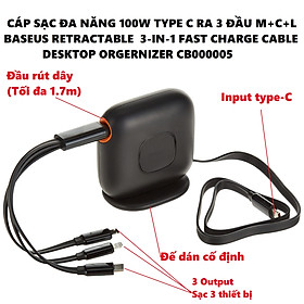 Mua Cáp sạc đa năng 100W type C ra 3 đầu dạng dây rút có đế dán Baseus Traction Series Retractable 3-in-1 CB000005 _ Hàng chính hãng