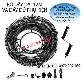 Mua Dây thông tắc cống  đường ống dài 12m dùng tay quay và máy khoan gồm 6 đầu thông 1tay quay 1 đầu kết nối máy khoan
