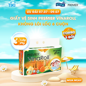 [COMBO 3 LỐC] Giấy vệ sinh Premier VinaRoll không lõi, 3 lớp 100% bột giấy nguyên sinh, không chất tẩy lốc 6 cuộn