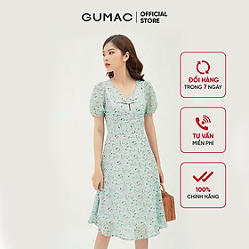Đầm xòe nữ họa tiết hoa thiết kế nhún ngực GUMAC DB380