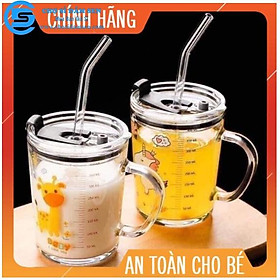 Ly cốc có nắp chịu nhiệt thủy tinh có chia vạch (tặng kèm ống hút), cốc ly pha sữa cho bé