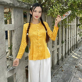 (GẤM BÀ BA cổ tròn S=2 QUẦN và ÁO BÁN RIÊNG) Bộ quần áo Phật tử, đồ lam đi chùa mẫu nữ vải gấm mã LH - Áo vàng đậm (Ko quần