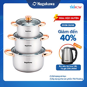 Bộ 3 nồi inox 4 đáy Nagakawa NAG1306 (16cm, 20cm, 24cm) - Quai mạ vàng - Dùng trên mọi loại bếp - Hàng Chính Hãng