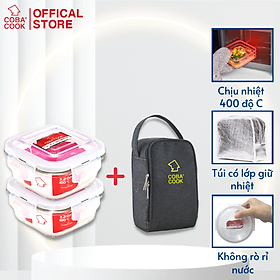 Mua Bộ 2 hôp đựng cơm  trữ thực phẩm thủy tinh chịu nhiệt  2 hộp vuông 320ml TẶNG 1 túi giữ nhiệt -CCS32BL