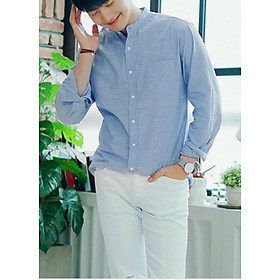 Áo sơ mi nam cổ trụ cài hết cúc màu xanh biển