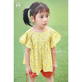 Bộ cộc tay hoa nhí vải thô kết hợp linen cho Bé gái