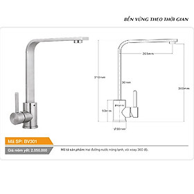 Mua Vòi cố định cổ tròn xoay 360 độ nóng lạnh inox Tundo BV301 Boss 355*50*300 mm