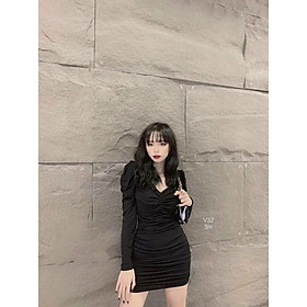 Đầm Body Nữ Nhún Ngực Tay Dài Vải Umi Mềm Co Dãn Tốt