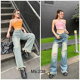 Quần baggy jean nữ kiểu cạp chéo rách kiểu, quần baggy jean nữ lưng cao ống suông phong cách