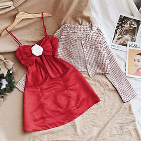 Set Váy Đầm Đỏ Hai Dây kèm Áo Khoác Croptop Caro Dự Tiệc Cưới - C&B Clothes