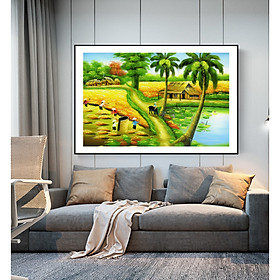 Tranh Sơn dầu Phong cảnh Làng quê Việt Nam nghệ thuật. , Khung hợp nhôm chống ẩm, bền, đẹp, nhiều kích thước. Phù hợp nhiều không gian sang trọng