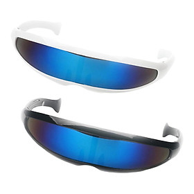 2pcs Futuristic Narrow Lens Visor Glasses White Black Blue Mirror Frame