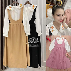Sét áo sơ mi tay dài cổ thêu hoa phối yếm đầm xòe HÀNG THIẾT KẾ