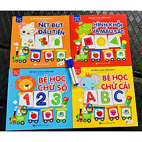Sách- Combo 4 cuốn sách tự xoá: Chữ cái + Chữ số+ Nét bút đầu tiên+ Hình khối màu sắc (Tặng kèm 2 bút)