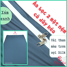 [Xám xanh] Áo bọc nệm 2 mặt dây kéo vải thun sợi siu (silk) màu trơn Hàn Quốc vỏ bọc bảo vệ nệm nguyên tấm không chia ngăn co dãn