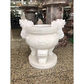 Lư hương, bát hương, bát nhang chạm rồng trang trí bàn thờ, mộ đá cẩm thạch trắng - Cao 25 cm