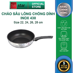 Chảo chống dính sâu lòng cao cấp Fivestar 3 đáy từ , inox 430, tặng 1 sạn dừa