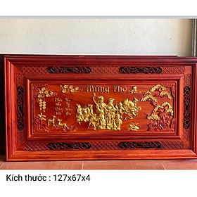 Tranh mừng thọ gỗ hương đỏ pu dát vàng cao cấp kt 67×127×4cm
