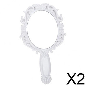2xRetro Antique Cosmetic Flat Handle Beauty Vintage Round Makeup Mirrors White