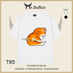Áo đôi tay lỡ unisex Mèo dễ thương mèo trắng kéo mèo vàng cho cặp đôi Mr.Buffalo - T85 Áo Trắng