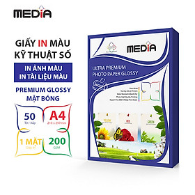 Giấy In Màu Kỹ Thuật Số MEDIA 1 Mặt Bóng (Glossy) Khổ A4 (210 x 297mm) Định Lượng 180/200gsm 50 Tờ, Dùng In Ảnh Màu & Tài Liệu Màu - Hàng Chính Hãng