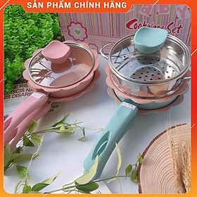 Bộ Nồi Chảo Ăn Dặm Cho Bé Chống Dính 16cm, Set Nồi Chảo Nấu Đồ Ăn Dặm Cho Bé Kèm Xửng Hấp Tặng Kèm Muỗng