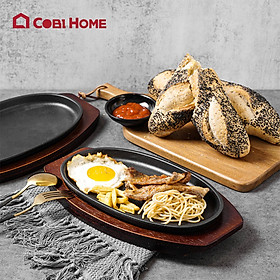 Chảo gang, đĩa gang chống dính kèm đế gỗ hình oval và hình chữ nhật
