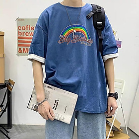 3 Color【M-3XL】 Summer New StyleFashion Short Sleeve T-shirt Men Printed Rainbow Graphic Breathable Oversize Student Couple Short T-shirt Couple Wear Unisex Half Sleeve T-shirt