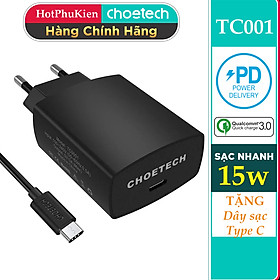 (Tặng dây sạc) Bộ cóc củ sạc nhanh 15W chuẩn PD 3.0 Type-C hiệu CHOETECH TC0001 cho điện thoại / máy tính bảng / Macbook iPhone Samsung Huawei Xiaomi Oppo Nokia Trang bị chip sạc thông minh (Đính kèm 1 dây sạc Type-C to Type-C) - Hàng chính hãng - Đen