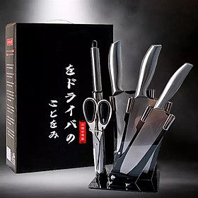 Bộ dao chặt xương, dao thái, dao gọt hoa quả và kéo cắt bằng thép nguyên khối siêu sắc bén, có dụng cụ mài dao và giá đựng dao đặt bàn sang trọng, hàng xuất Nhật cao cấp