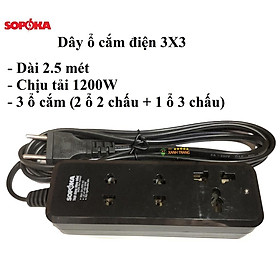 Dây ổ cắm điện 3 lỗ, 4 lỗ đến 6 lỗ có công tắc an toàn chịu tải 1200W - 2200W SOPOKA (6A-250V)