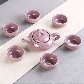 Bộ Bình Trà Gốm Sứ Tráng Men Nứt Dáng Lùn Gồm 1 Ấm Trà, 6 Tách Tặng Kèm Túi Đỏ Đựng Làm Quà