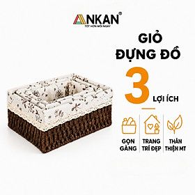 Giỏ Cói Lót Vải Hoa Nhí Đựng Đồ Mỹ Phẩm, Phụ Kiện, Đi Picnic, Giỏ Mây Decor Trang Trí Nhà Cửa Phong Cách Vintage