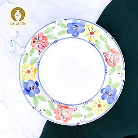 20cm dĩa tròn màu trắng có hoa xanh tím vàng cam gốm sứ Nhật SVG4629