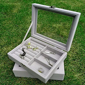 Hộp đựng trang sức bọc nhung kính trong suốt nhiều ngăn (size 20x15x 5cm)