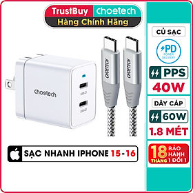 Mua Bộ Củ Sạc Nhanh Type C 40W  Sạc 2 Cổng 20W Cho iPhone 15  iP16  Cho SamSung PPS 25W CHOETECH Q5006 Và Cáp CC0005-S - Hàng Chính Hãng