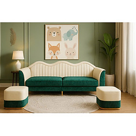 Sofa vải nhung Tundo Emerald Sofa kết hợp trắng xanh 2m và 2 đôn
