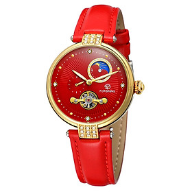 Đồng hồ đeo tay nữ FORSINING thiết kế dây da thời trang, chuyển động cơ học, khả năng chống nước cao 3ATM-Màu đỏ