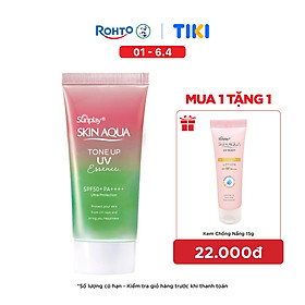 Kem chống nắng nâng tông Skin Aqua Tone up Rose cho da trắng, khuyết điểm xanh hoặc tái xanh, dạng tinh chất Sunplay Skin Aqua Tone Up UV Essence Happiness Aura (Rose) SPF 50+ PA++++ 50g