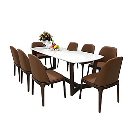 Bộ bàn ghế phòng ăn Tundo bàn mặt đá 1m6 chân gỗ cao su tự nhiên kèm 6 ghế