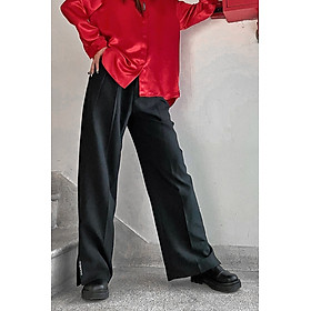 LAAS Quần xếp ly xẻ lai màu đen dáng rộng thoải mái